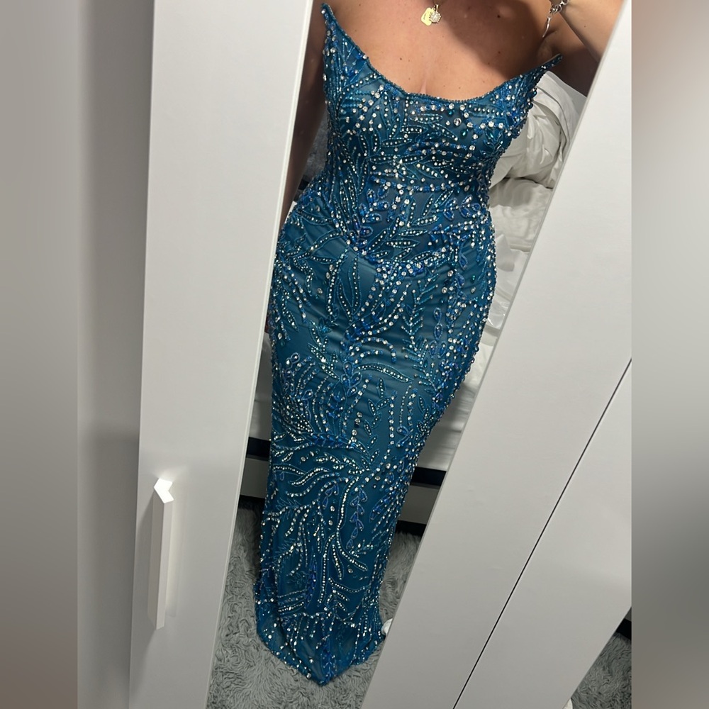 TABJA Strapless Teal Beaded Gown - Picture 4 of 5